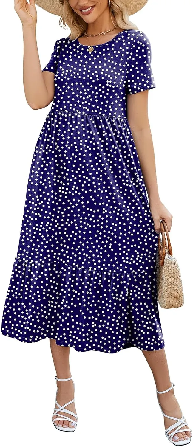 Gracyoga Women's Summer Maxi Dress 2025 Casual Short Sleeve Crewneck Flowy Swing Tiered Long Beach Dresses with Pockets