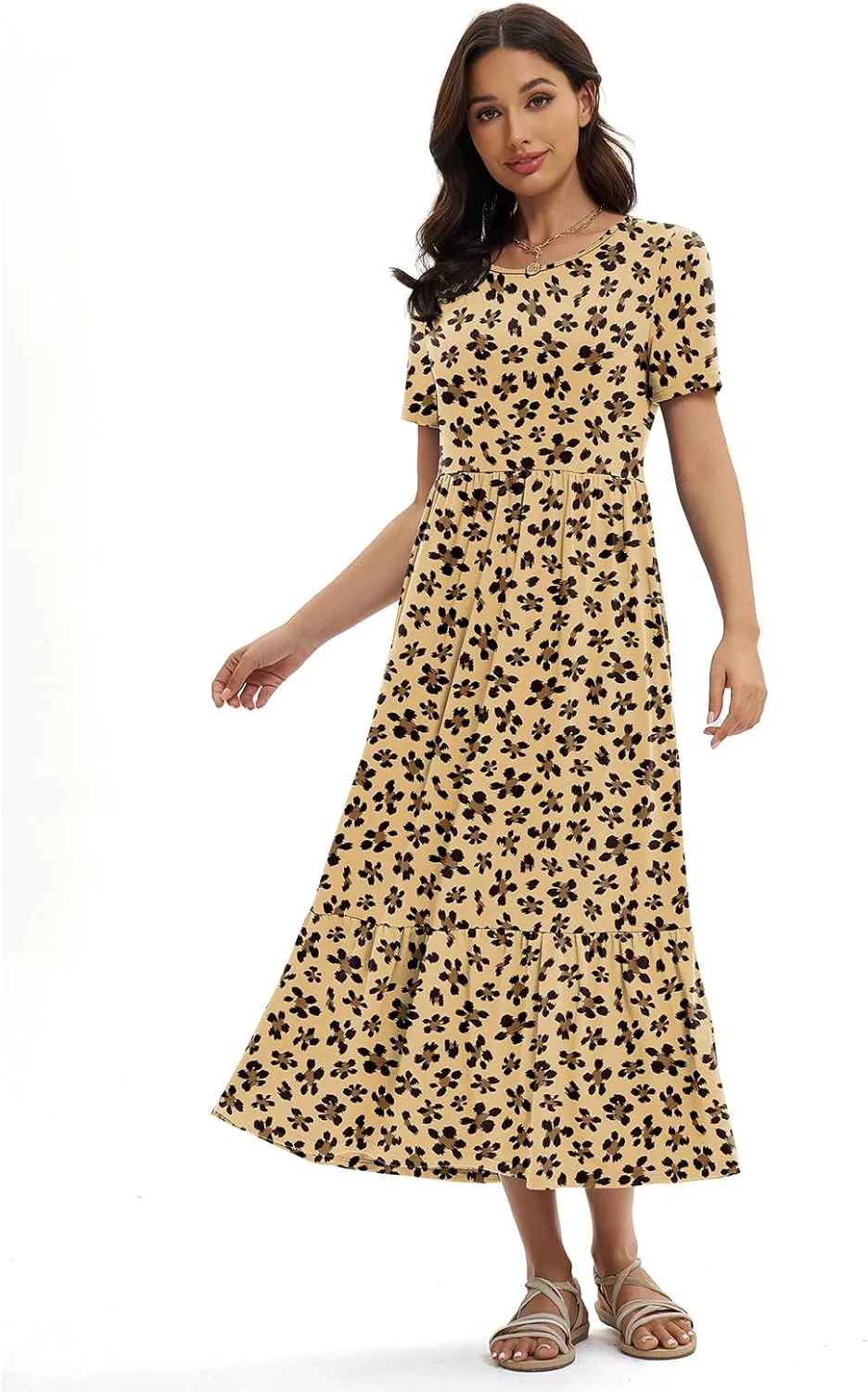 Gracyoga Women's Summer Maxi Dress 2025 Casual Short Sleeve Crewneck Flowy Swing Tiered Long Beach Dresses with Pockets