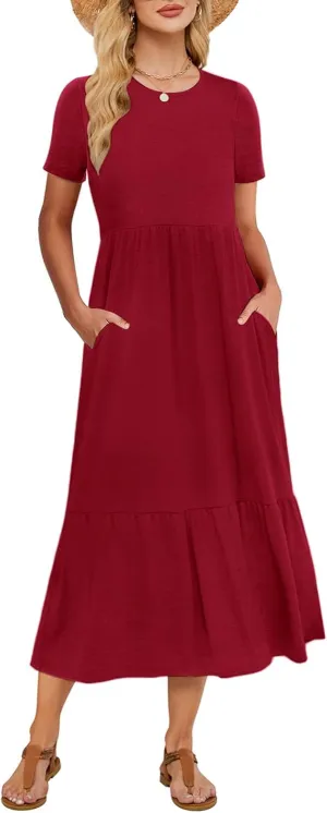 Gracyoga Women's Summer Maxi Dress 2025 Casual Short Sleeve Crewneck Flowy Swing Tiered Long Beach Dresses with Pockets