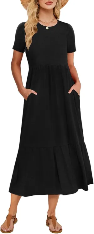 Gracyoga Women's Summer Maxi Dress 2025 Casual Short Sleeve Crewneck Flowy Swing Tiered Long Beach Dresses with Pockets