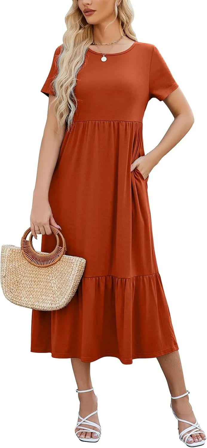 Gracyoga Women's Summer Maxi Dress 2025 Casual Short Sleeve Crewneck Flowy Swing Tiered Long Beach Dresses with Pockets