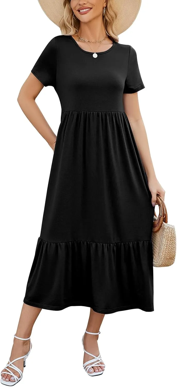 Gracyoga Women's Summer Maxi Dress 2025 Casual Short Sleeve Crewneck Flowy Swing Tiered Long Beach Dresses with Pockets