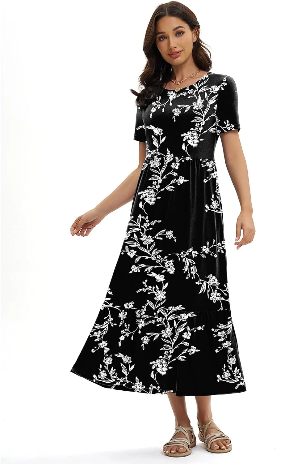 Gracyoga Women's Summer Maxi Dress 2025 Casual Short Sleeve Crewneck Flowy Swing Tiered Long Beach Dresses with Pockets