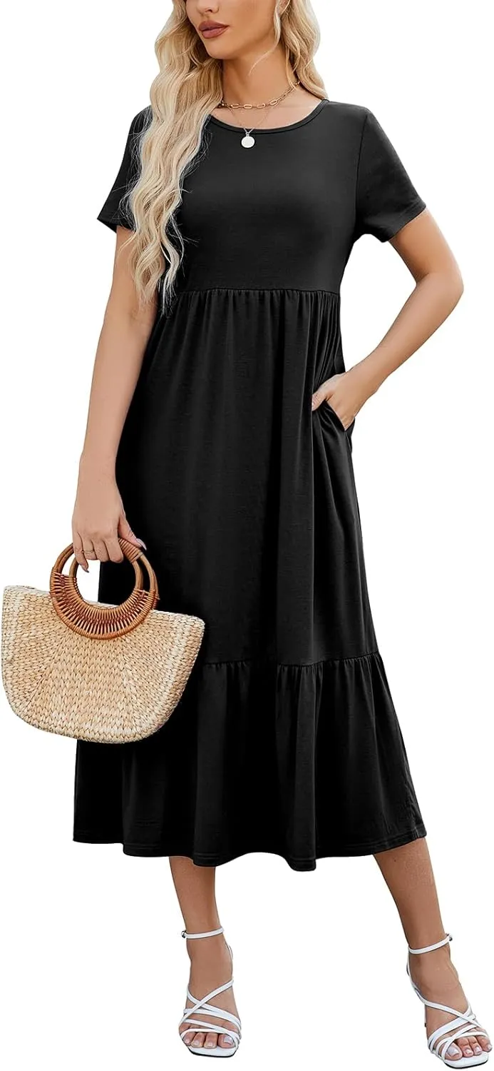 Gracyoga Women's Summer Maxi Dress 2025 Casual Short Sleeve Crewneck Flowy Swing Tiered Long Beach Dresses with Pockets