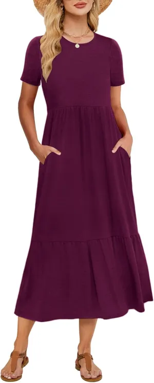 Gracyoga Women's Summer Maxi Dress 2025 Casual Short Sleeve Crewneck Flowy Swing Tiered Long Beach Dresses with Pockets