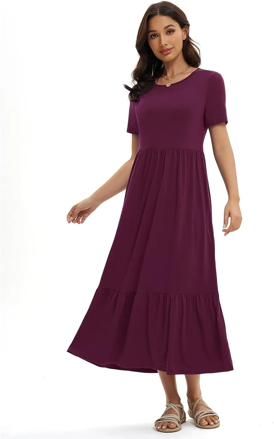 Gracyoga Women's Summer Maxi Dress 2025 Casual Short Sleeve Crewneck Flowy Swing Tiered Long Beach Dresses with Pockets