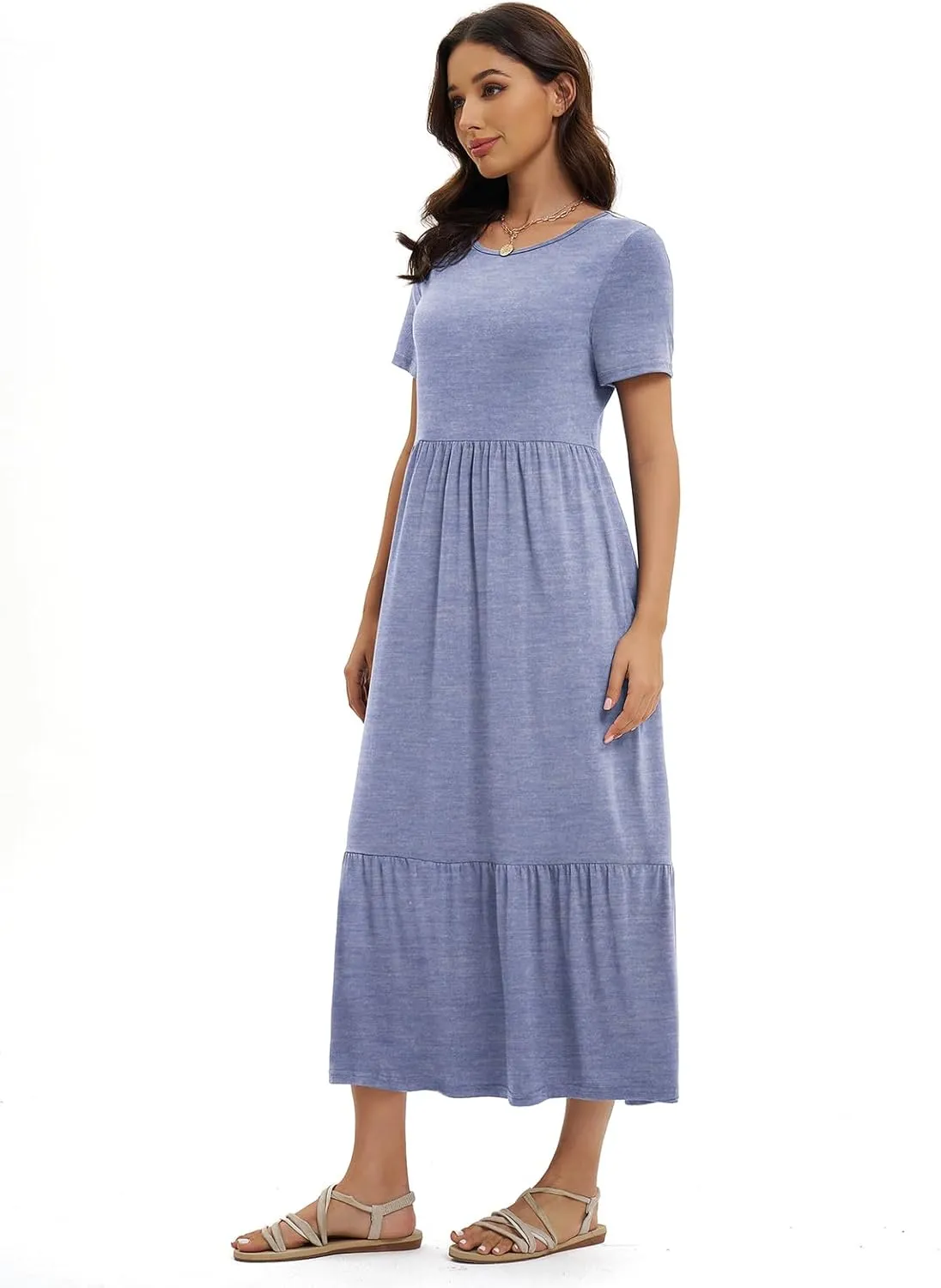 Gracyoga Women's Summer Maxi Dress 2025 Casual Short Sleeve Crewneck Flowy Swing Tiered Long Beach Dresses with Pockets