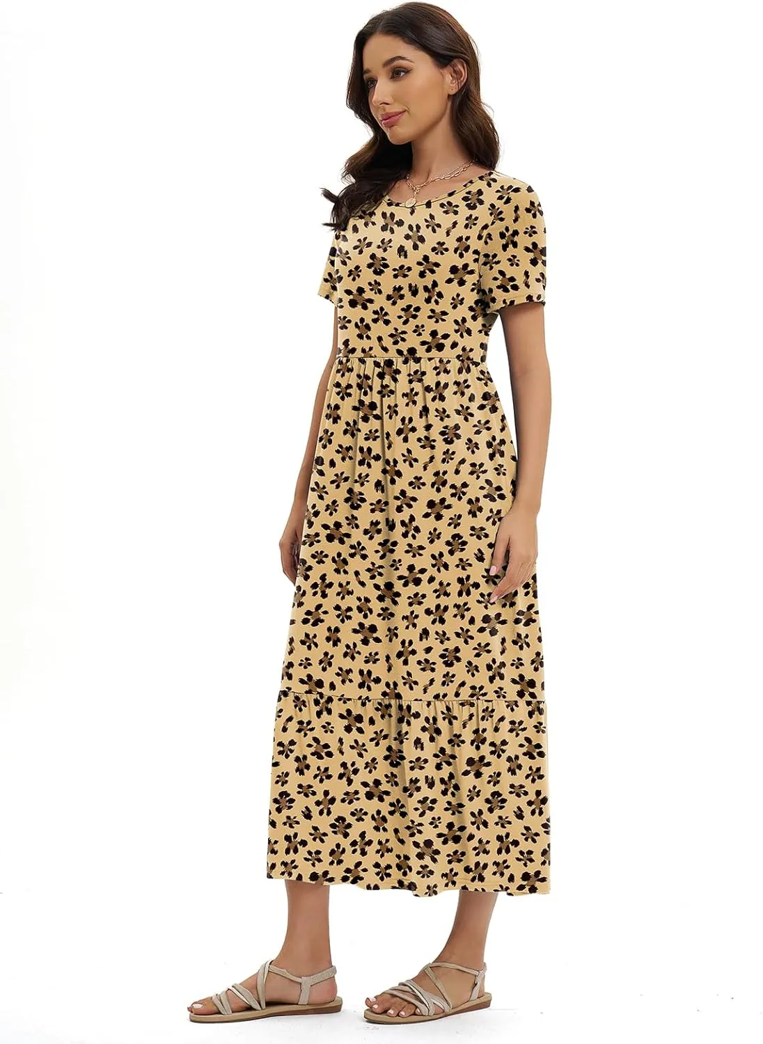 Gracyoga Women's Summer Maxi Dress 2025 Casual Short Sleeve Crewneck Flowy Swing Tiered Long Beach Dresses with Pockets