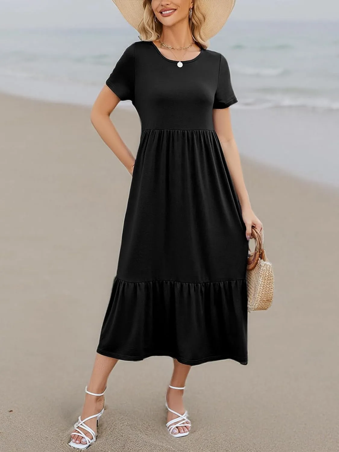 Gracyoga Women's Summer Maxi Dress 2025 Casual Short Sleeve Crewneck Flowy Swing Tiered Long Beach Dresses with Pockets