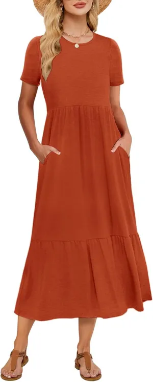 Gracyoga Women's Summer Maxi Dress 2025 Casual Short Sleeve Crewneck Flowy Swing Tiered Long Beach Dresses with Pockets