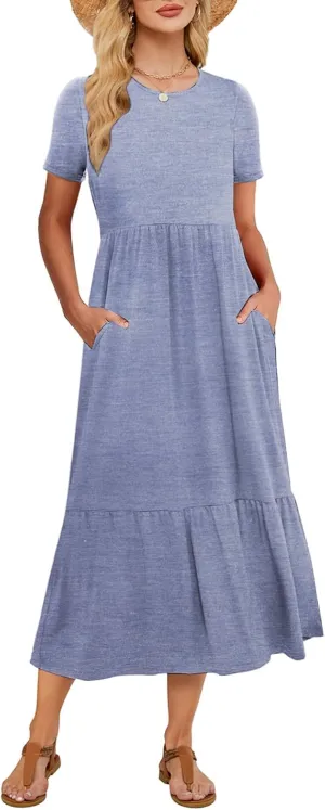 Gracyoga Women's Summer Maxi Dress 2025 Casual Short Sleeve Crewneck Flowy Swing Tiered Long Beach Dresses with Pockets