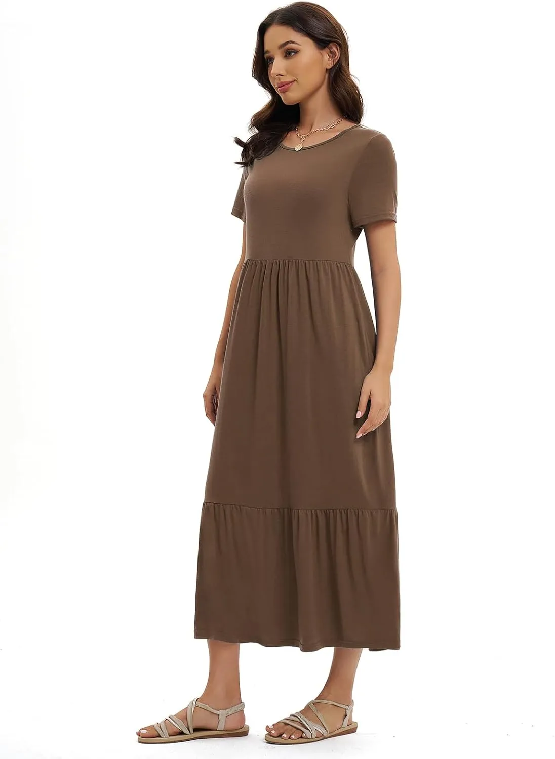 Gracyoga Women's Summer Maxi Dress 2025 Casual Short Sleeve Crewneck Flowy Swing Tiered Long Beach Dresses with Pockets