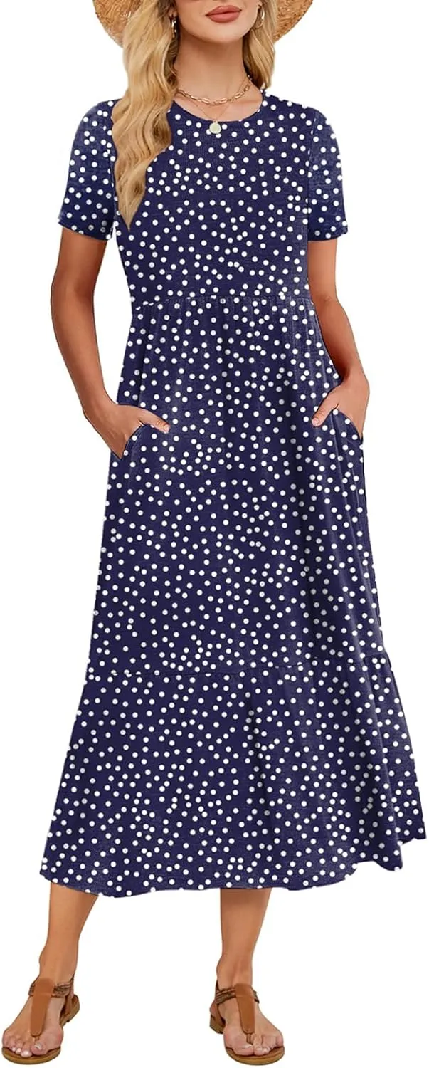 Gracyoga Women's Summer Maxi Dress 2025 Casual Short Sleeve Crewneck Flowy Swing Tiered Long Beach Dresses with Pockets