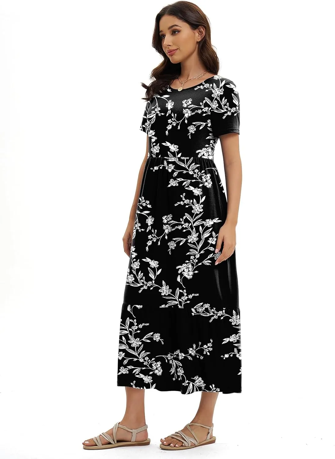 Gracyoga Women's Summer Maxi Dress 2025 Casual Short Sleeve Crewneck Flowy Swing Tiered Long Beach Dresses with Pockets