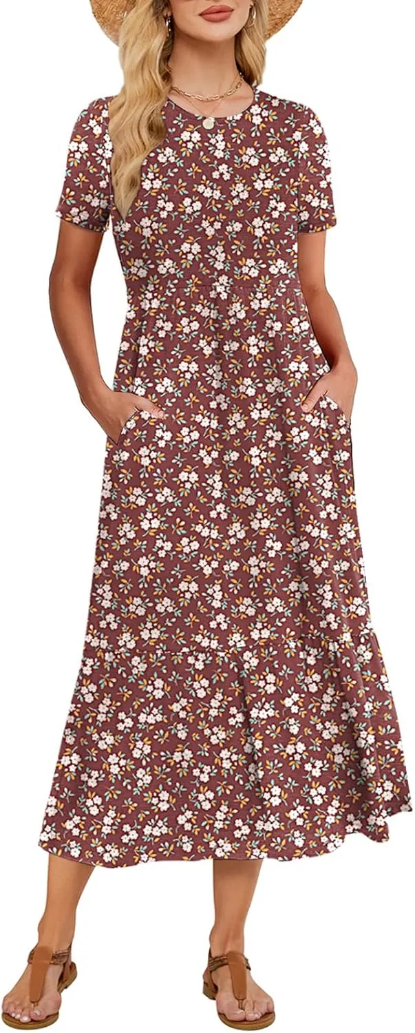 Gracyoga Women's Summer Maxi Dress 2025 Casual Short Sleeve Crewneck Flowy Swing Tiered Long Beach Dresses with Pockets