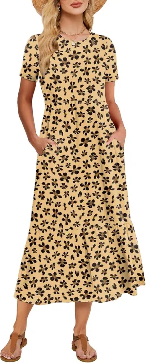 Gracyoga Women's Summer Maxi Dress 2025 Casual Short Sleeve Crewneck Flowy Swing Tiered Long Beach Dresses with Pockets