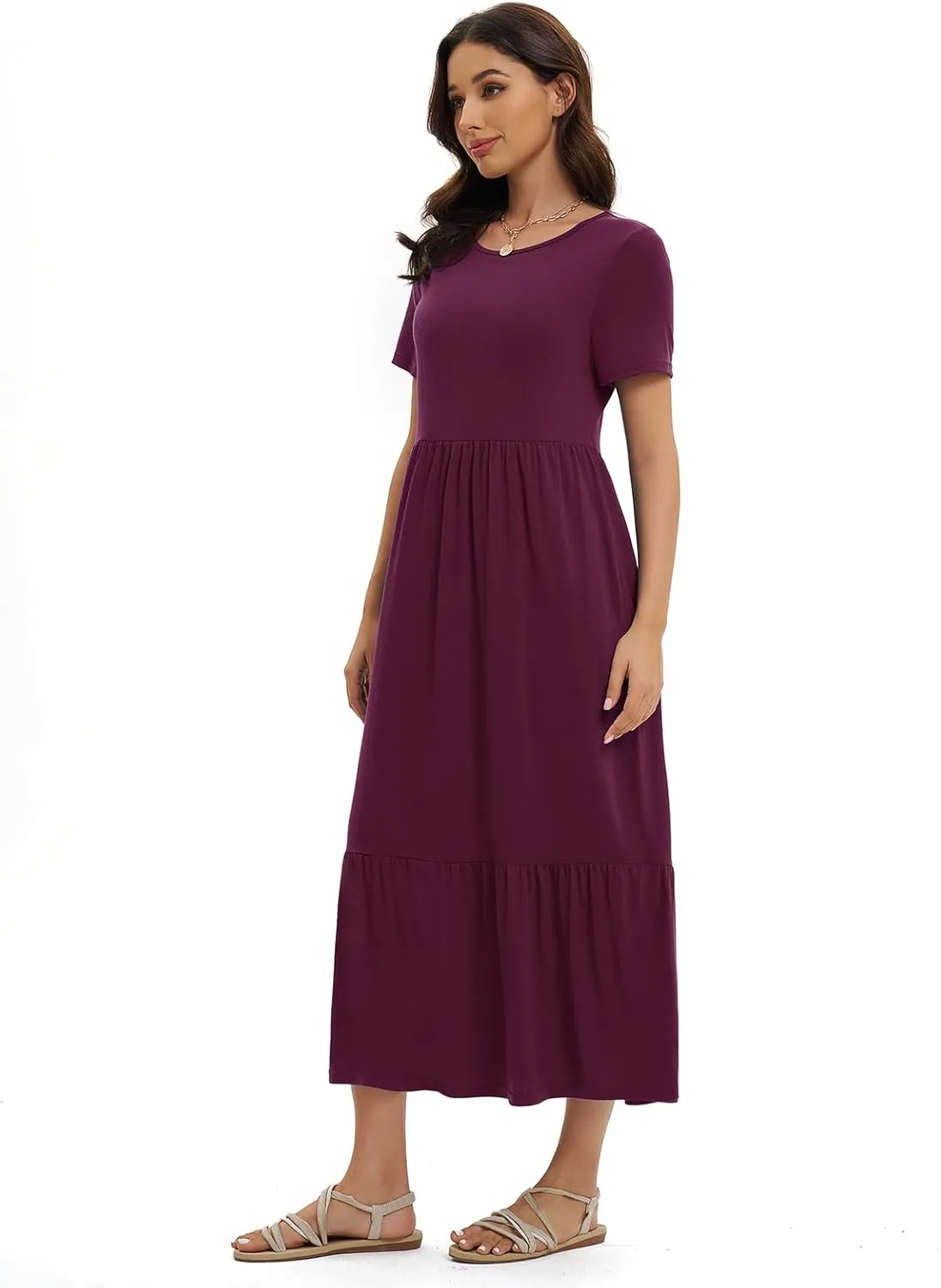 Gracyoga Women's Summer Maxi Dress 2025 Casual Short Sleeve Crewneck Flowy Swing Tiered Long Beach Dresses with Pockets
