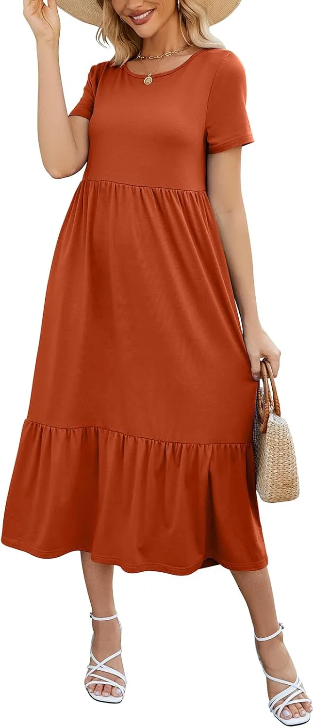 Gracyoga Women's Summer Maxi Dress 2025 Casual Short Sleeve Crewneck Flowy Swing Tiered Long Beach Dresses with Pockets