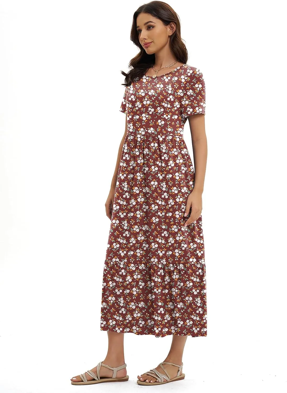 Gracyoga Women's Summer Maxi Dress 2025 Casual Short Sleeve Crewneck Flowy Swing Tiered Long Beach Dresses with Pockets