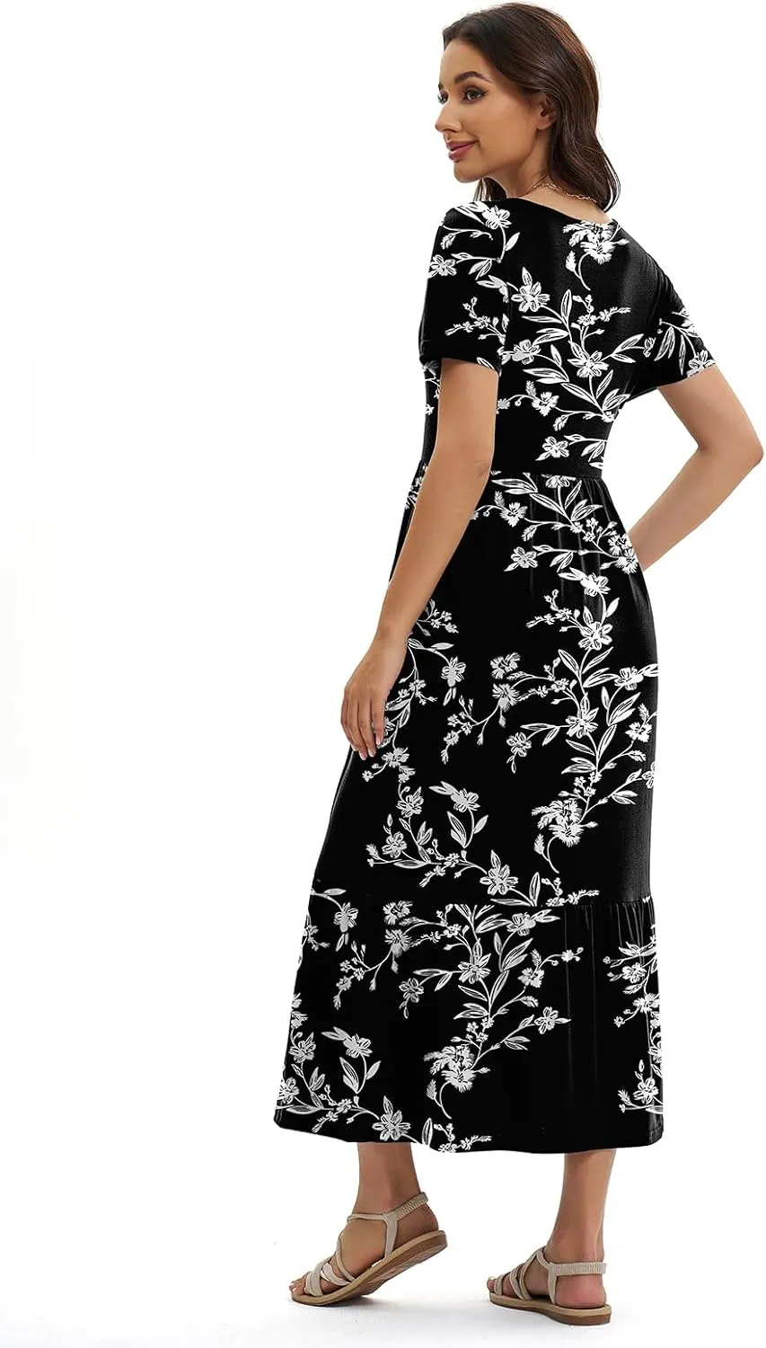 Gracyoga Women's Summer Maxi Dress 2025 Casual Short Sleeve Crewneck Flowy Swing Tiered Long Beach Dresses with Pockets