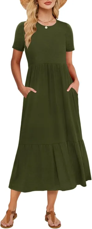 Gracyoga Women's Summer Maxi Dress 2025 Casual Short Sleeve Crewneck Flowy Swing Tiered Long Beach Dresses with Pockets