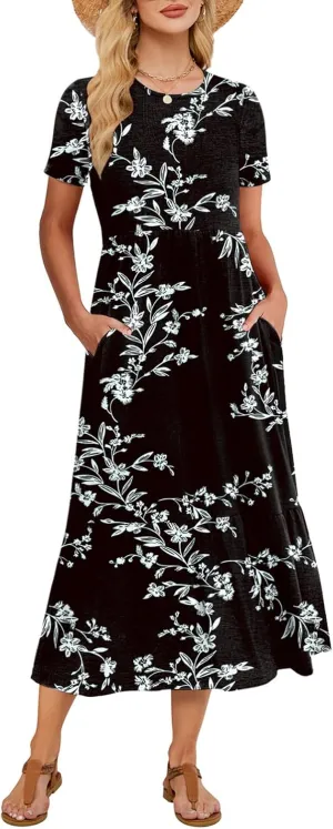 Gracyoga Women's Summer Maxi Dress 2025 Casual Short Sleeve Crewneck Flowy Swing Tiered Long Beach Dresses with Pockets