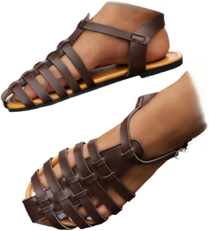 Huarache Flat Sandals Women Girls Cute Retro Leather Closed Toes Breathable Non Slip Platform Sandals Slip on Waterproof Comfort Summer Dress Slides T-strap Casual Walking Shoes Party Cruise Vacation