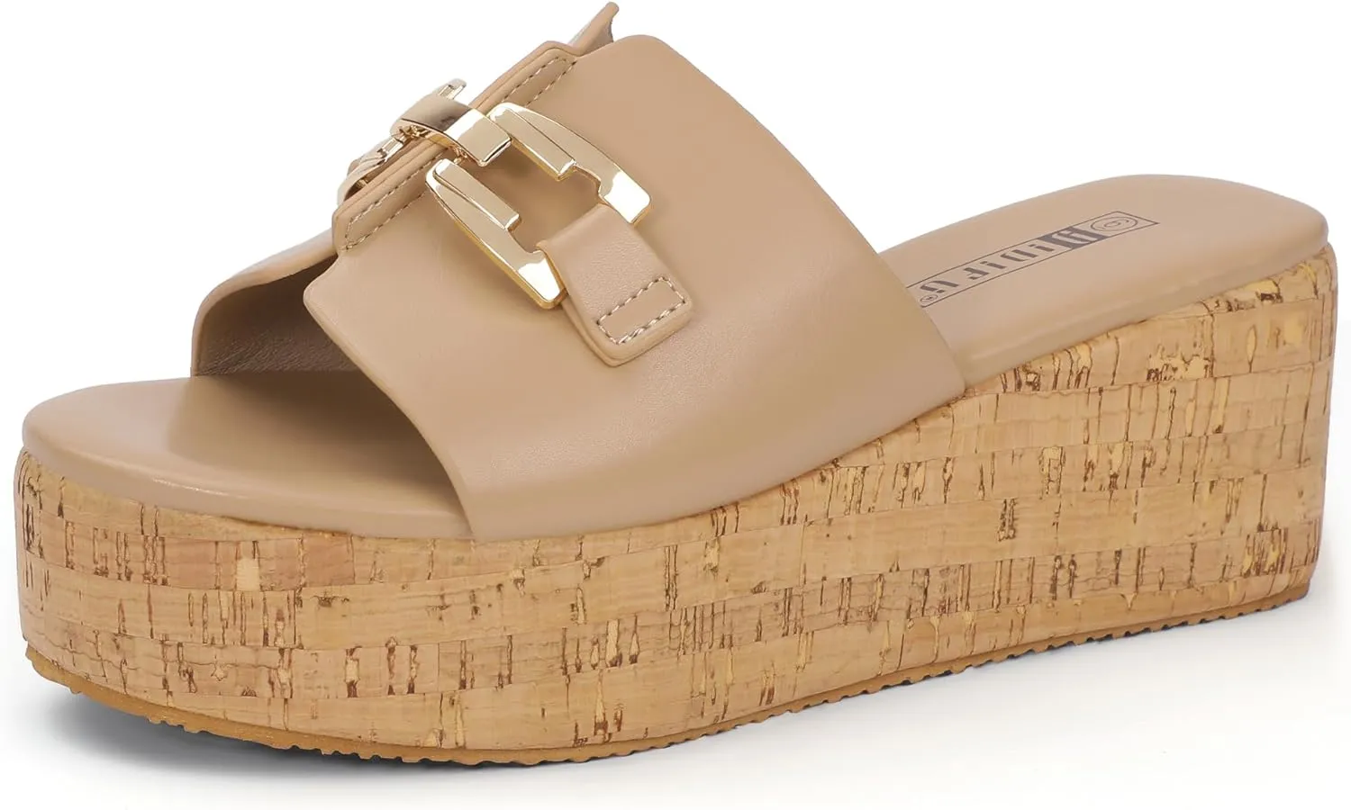 IDIFU IN2 Platform Sandals Open Toe Wedge Sandals for Women Dressy with Metal Chain Slip on Cute Summer Beach Chunky Slide Sandals Shoes Comfortable Fashion Casual Flatform Cork Wedges