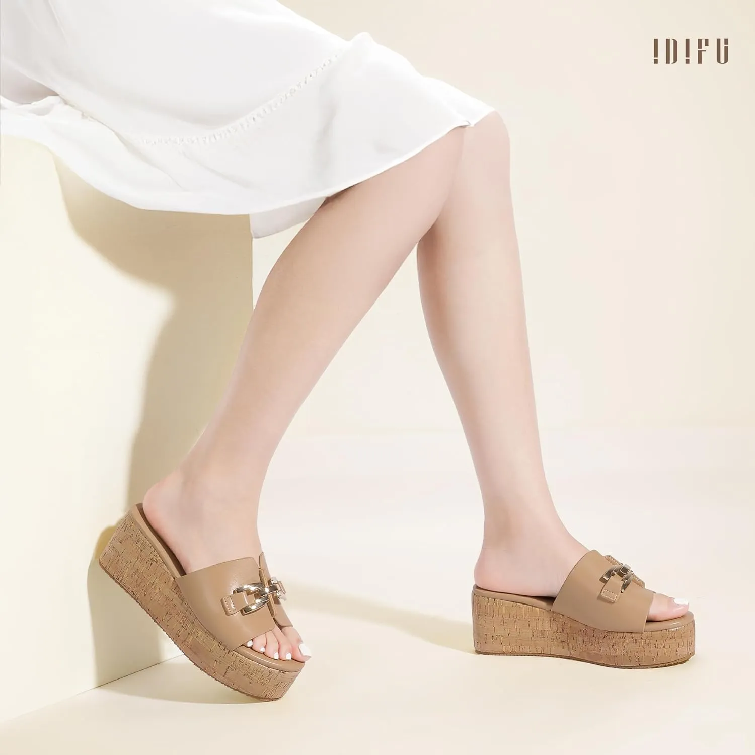 IDIFU IN2 Platform Sandals Open Toe Wedge Sandals for Women Dressy with Metal Chain Slip on Cute Summer Beach Chunky Slide Sandals Shoes Comfortable Fashion Casual Flatform Cork Wedges
