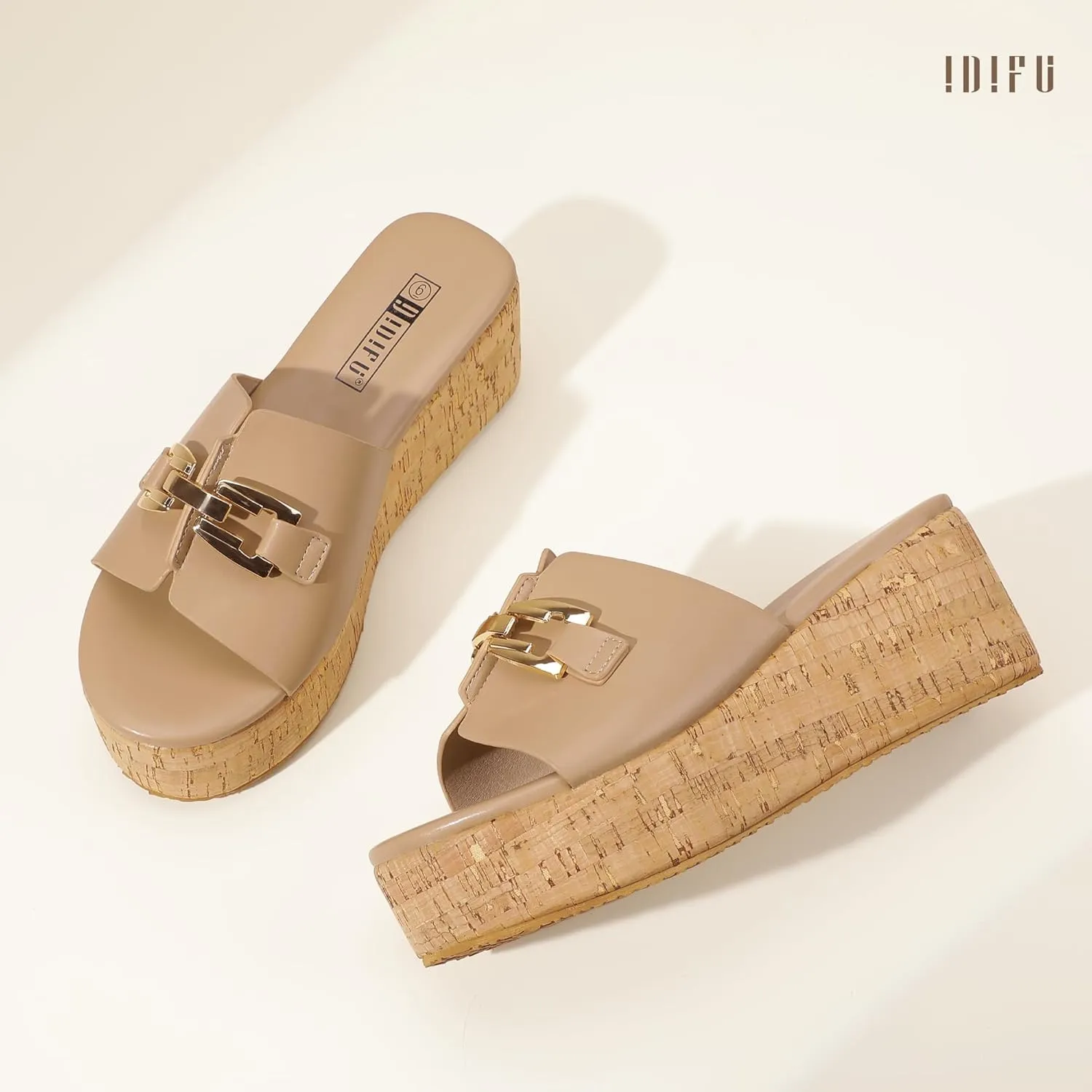 IDIFU IN2 Platform Sandals Open Toe Wedge Sandals for Women Dressy with Metal Chain Slip on Cute Summer Beach Chunky Slide Sandals Shoes Comfortable Fashion Casual Flatform Cork Wedges