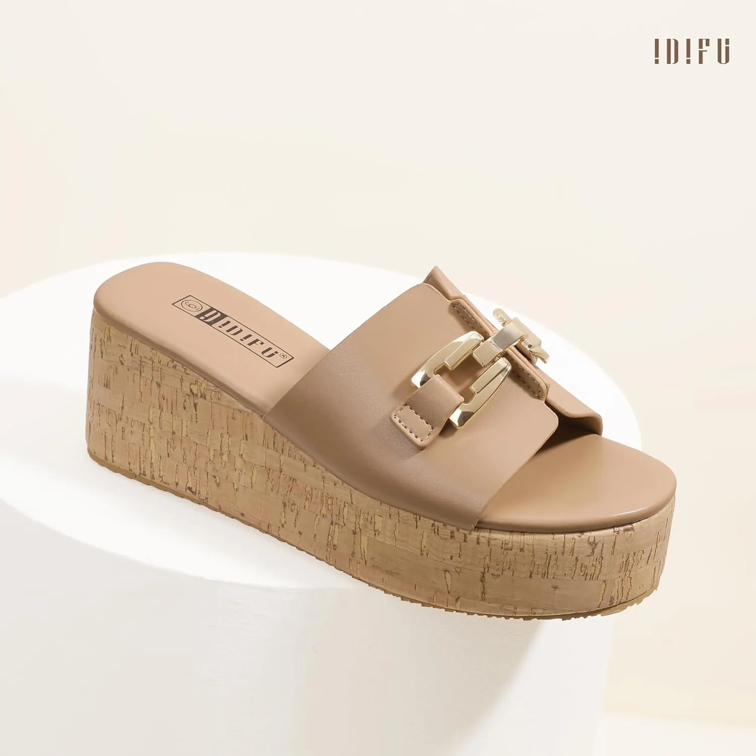 IDIFU IN2 Platform Sandals Open Toe Wedge Sandals for Women Dressy with Metal Chain Slip on Cute Summer Beach Chunky Slide Sandals Shoes Comfortable Fashion Casual Flatform Cork Wedges