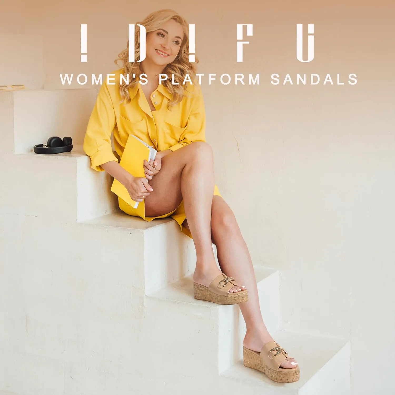IDIFU IN2 Platform Sandals Open Toe Wedge Sandals for Women Dressy with Metal Chain Slip on Cute Summer Beach Chunky Slide Sandals Shoes Comfortable Fashion Casual Flatform Cork Wedges