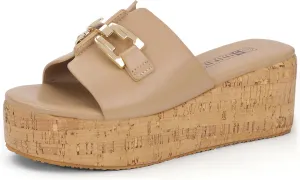 IDIFU IN2 Platform Sandals Open Toe Wedge Sandals for Women Dressy with Metal Chain Slip on Cute Summer Beach Chunky Slide Sandals Shoes Comfortable Fashion Casual Flatform Cork Wedges