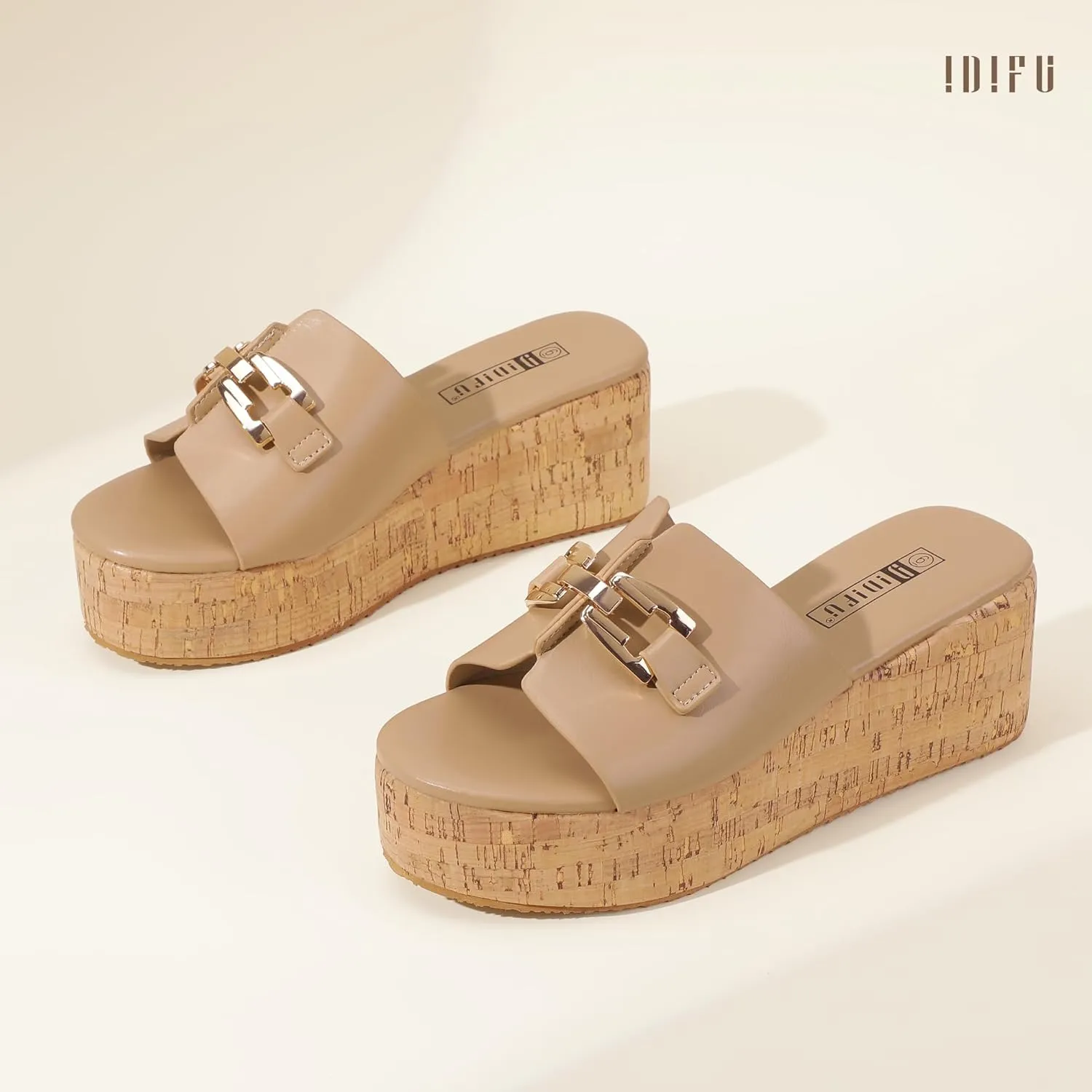 IDIFU IN2 Platform Sandals Open Toe Wedge Sandals for Women Dressy with Metal Chain Slip on Cute Summer Beach Chunky Slide Sandals Shoes Comfortable Fashion Casual Flatform Cork Wedges