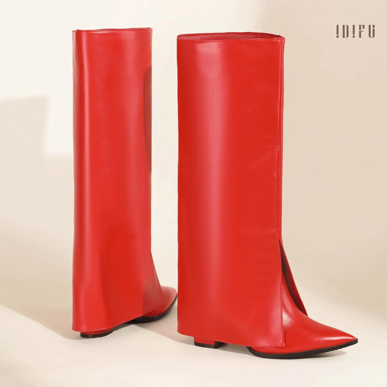 IDIFU Knee High Women Shark Boots Fold Over Tall High Chunky Heel Boots Pointed Toe Block Heeled Booties for Women Zip Up Dress Long Comfortable Cute Fashion Dressy Sexy Trendy Heel Booties Boots