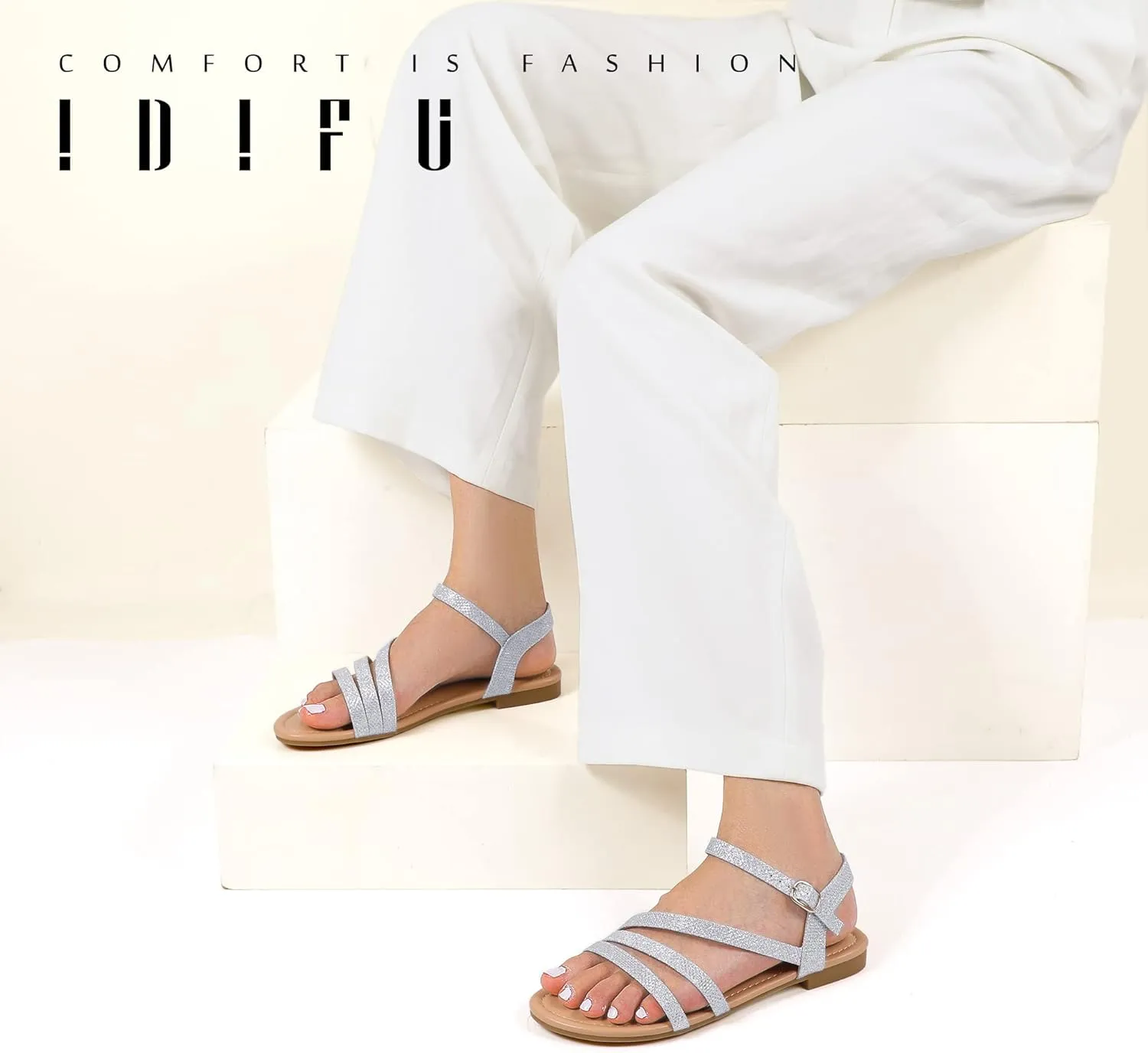 IDIFU Strappy Sandals for Women Dressy Summer Flat Sandals with Back Strap Open Toe Slingback Ankle Strap Sandals Wedding Bridal Prom Bride Bridesmaid Sandals Comfortable Cute Casual Dress Sandals