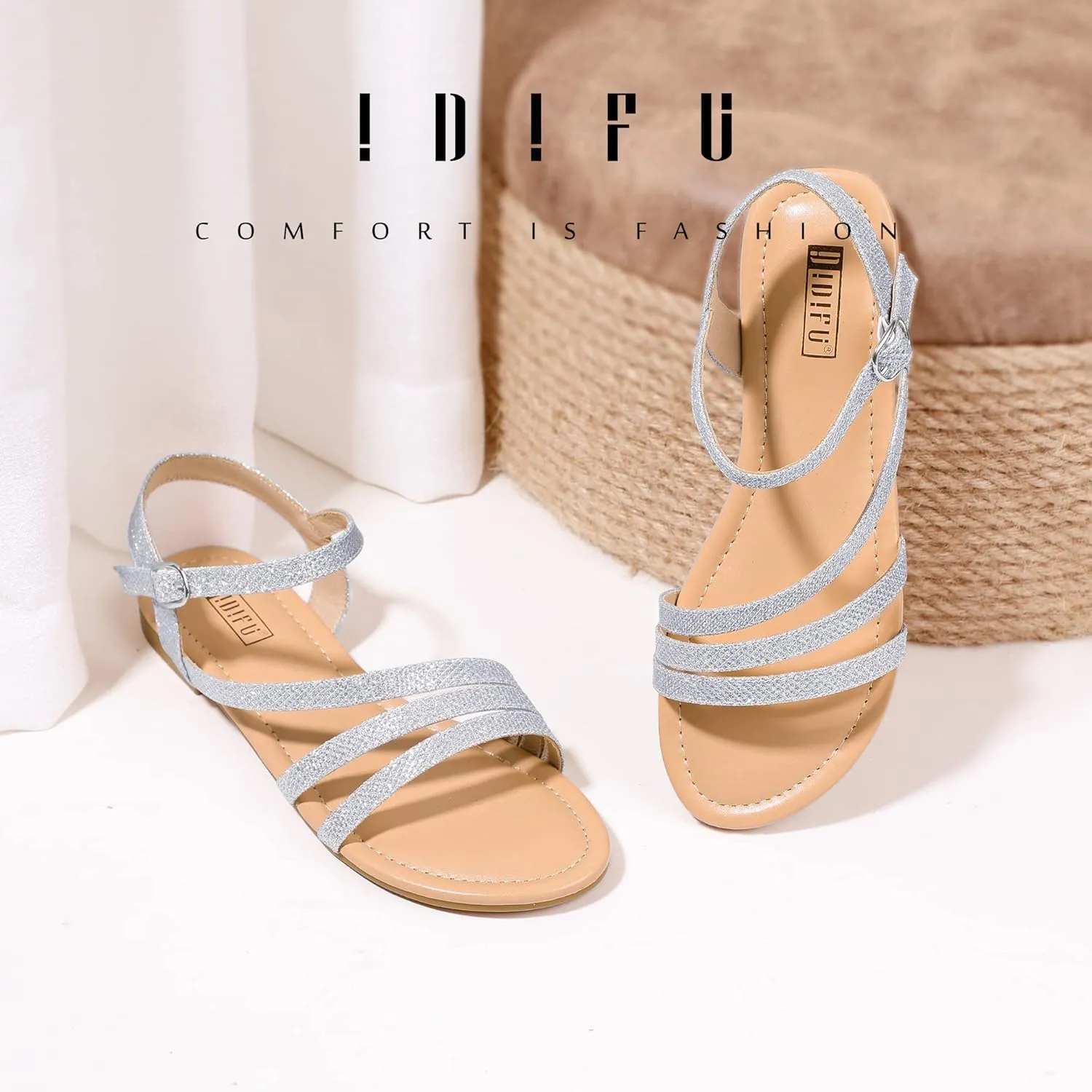IDIFU Strappy Sandals for Women Dressy Summer Flat Sandals with Back Strap Open Toe Slingback Ankle Strap Sandals Wedding Bridal Prom Bride Bridesmaid Sandals Comfortable Cute Casual Dress Sandals