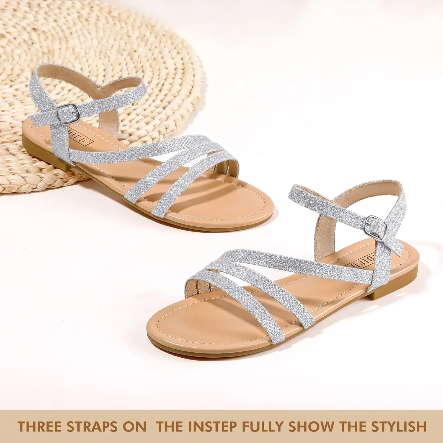 IDIFU Strappy Sandals for Women Dressy Summer Flat Sandals with Back Strap Open Toe Slingback Ankle Strap Sandals Wedding Bridal Prom Bride Bridesmaid Sandals Comfortable Cute Casual Dress Sandals