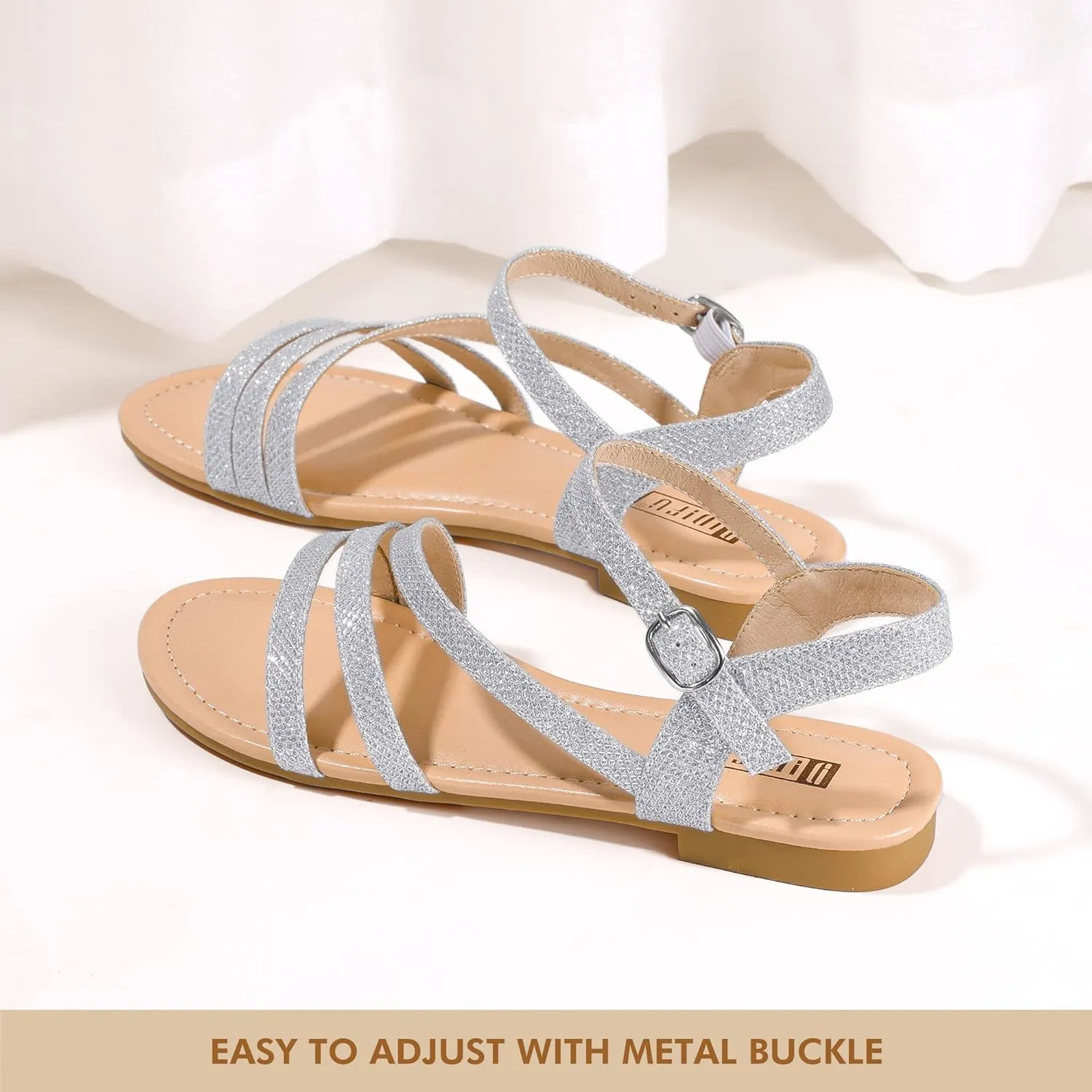 IDIFU Strappy Sandals for Women Dressy Summer Flat Sandals with Back Strap Open Toe Slingback Ankle Strap Sandals Wedding Bridal Prom Bride Bridesmaid Sandals Comfortable Cute Casual Dress Sandals