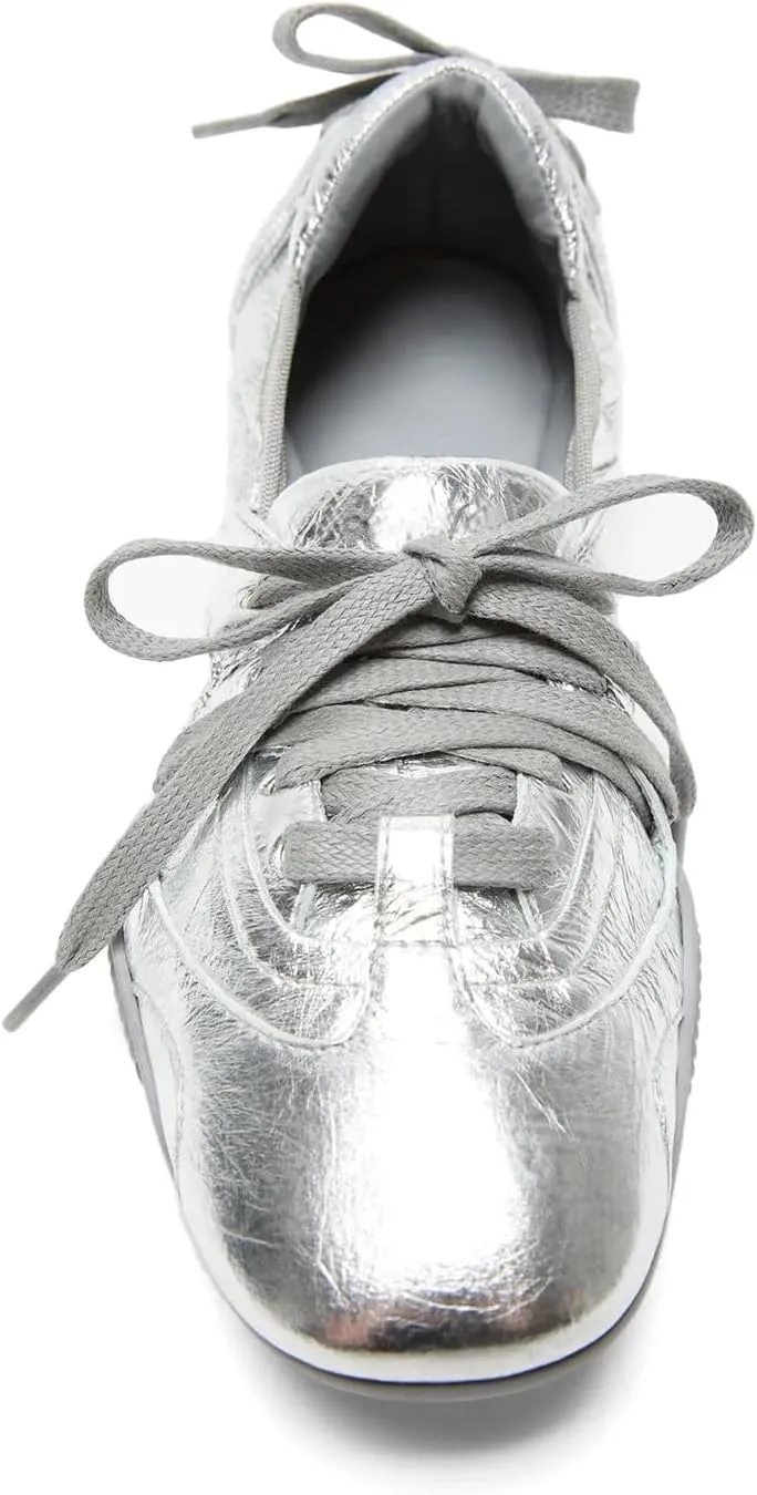 IMPREMEY Flats Sneakers for Women Leather Ballet Lace up Round Toe Cracked Tennis Casual Fashion Shoes