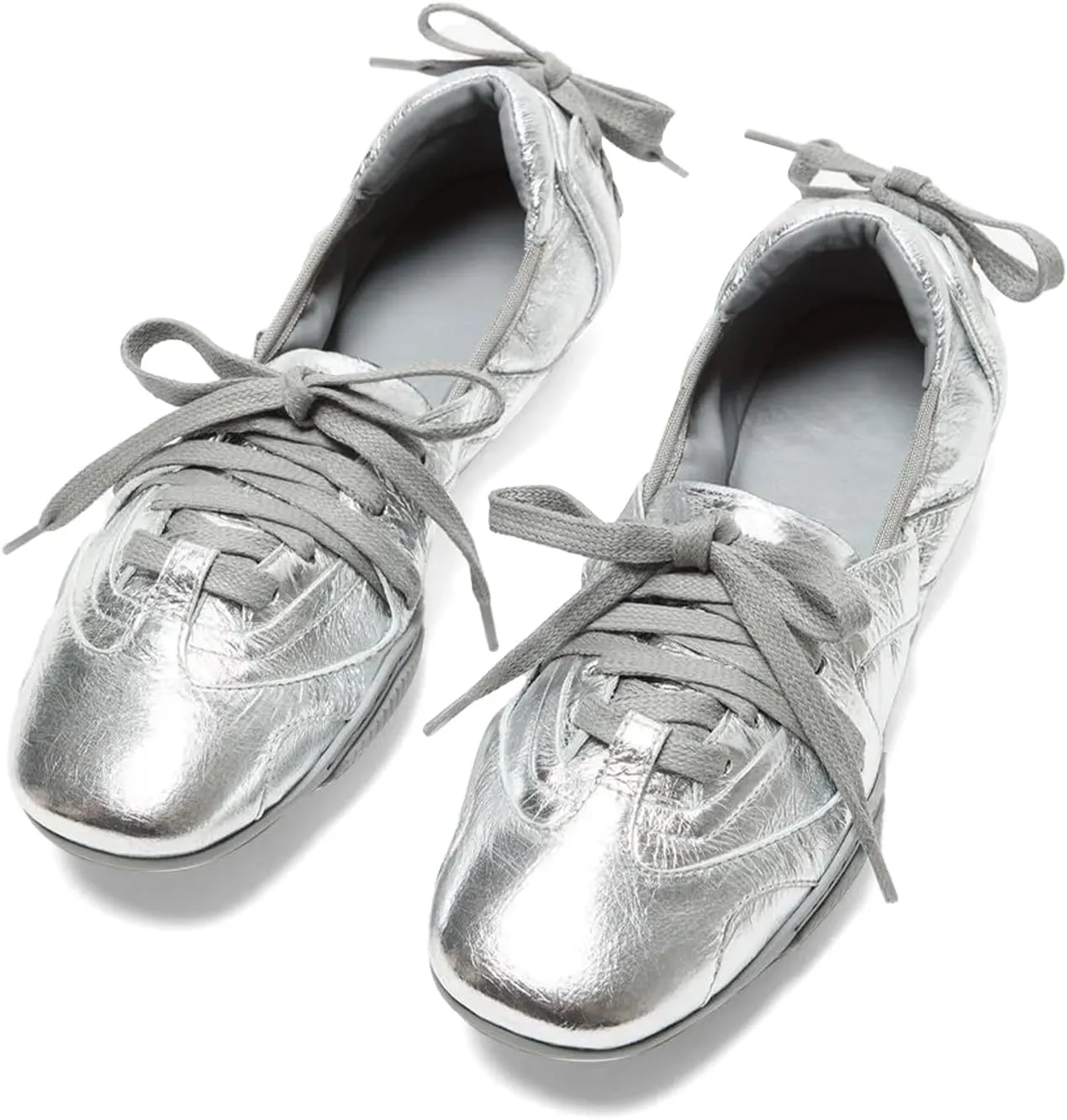 IMPREMEY Flats Sneakers for Women Leather Ballet Lace up Round Toe Cracked Tennis Casual Fashion Shoes