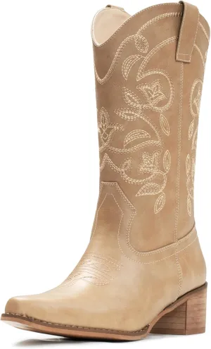 IUV Cowboy Boots For Women Pointy Toe Women's Western Boots Cowgirl Boots Mid Calf Boots