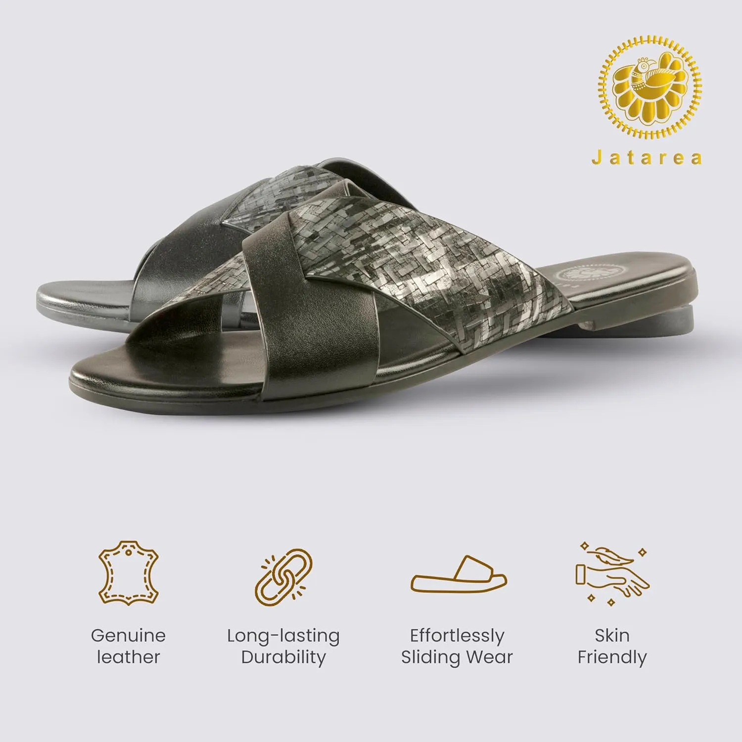 JATAREA Slip-On Flat Leather Slides for Women | Two Strap Open Toe Beach Sandals - BOJRA & ABANTI