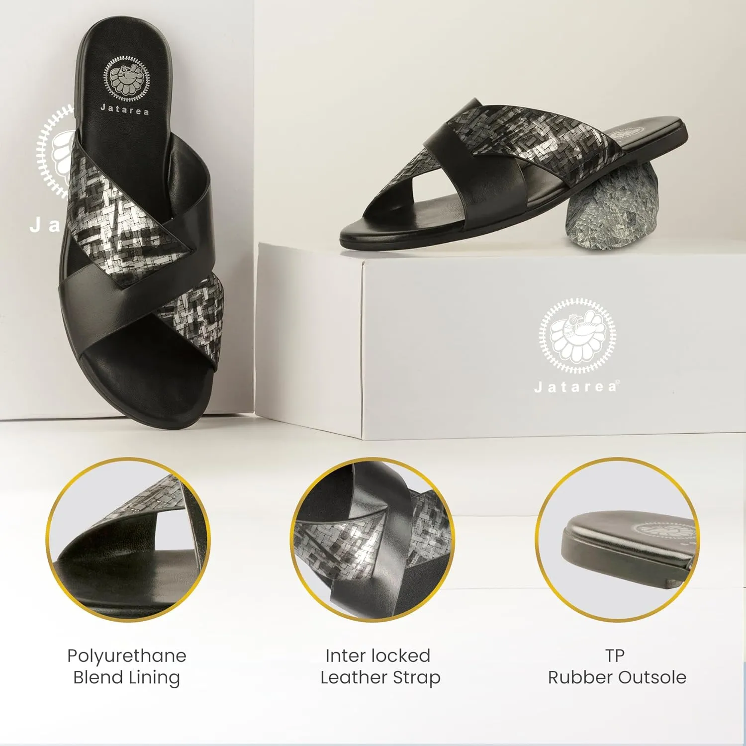 JATAREA Slip-On Flat Leather Slides for Women | Two Strap Open Toe Beach Sandals - BOJRA & ABANTI