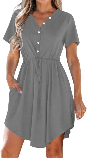 JOAU Women Summer V Neck Drawstring Waist Button Down Shirt Dress Loose Casual Short Sleeve A-Line Mini Dresses with Pockets