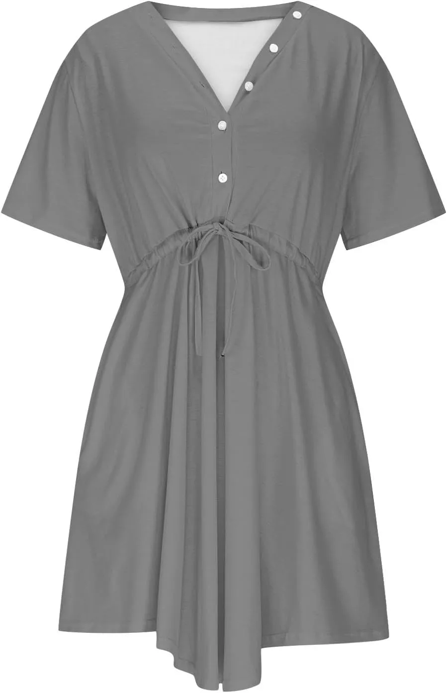 JOAU Women Summer V Neck Drawstring Waist Button Down Shirt Dress Loose Casual Short Sleeve A-Line Mini Dresses with Pockets
