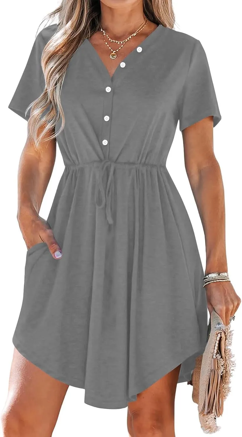 JOAU Women Summer V Neck Drawstring Waist Button Down Shirt Dress Loose Casual Short Sleeve A-Line Mini Dresses with Pockets