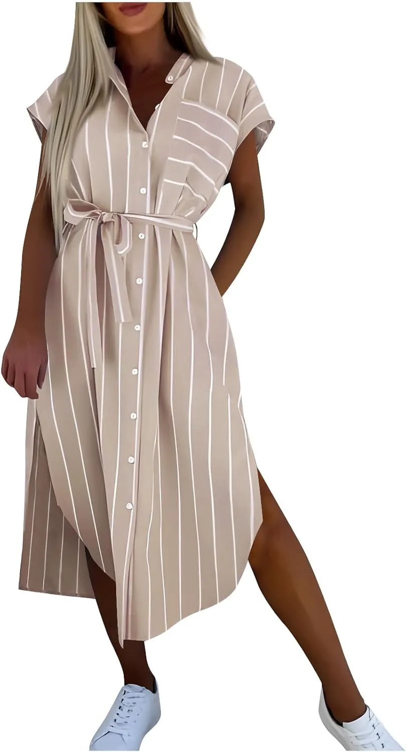 JOAU Womens Button Shirt Dresses with Pockets Casual Striped Lapel Collar Short Sleeve Side Slit Belted Midi Dress Cover Up