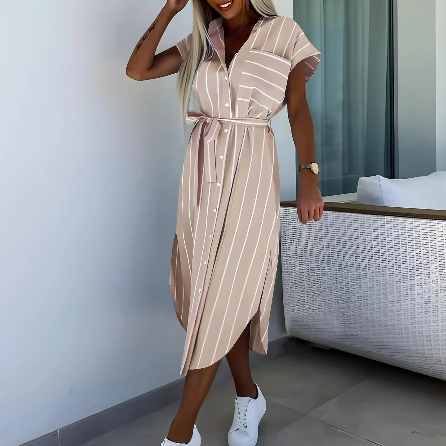 JOAU Womens Button Shirt Dresses with Pockets Casual Striped Lapel Collar Short Sleeve Side Slit Belted Midi Dress Cover Up