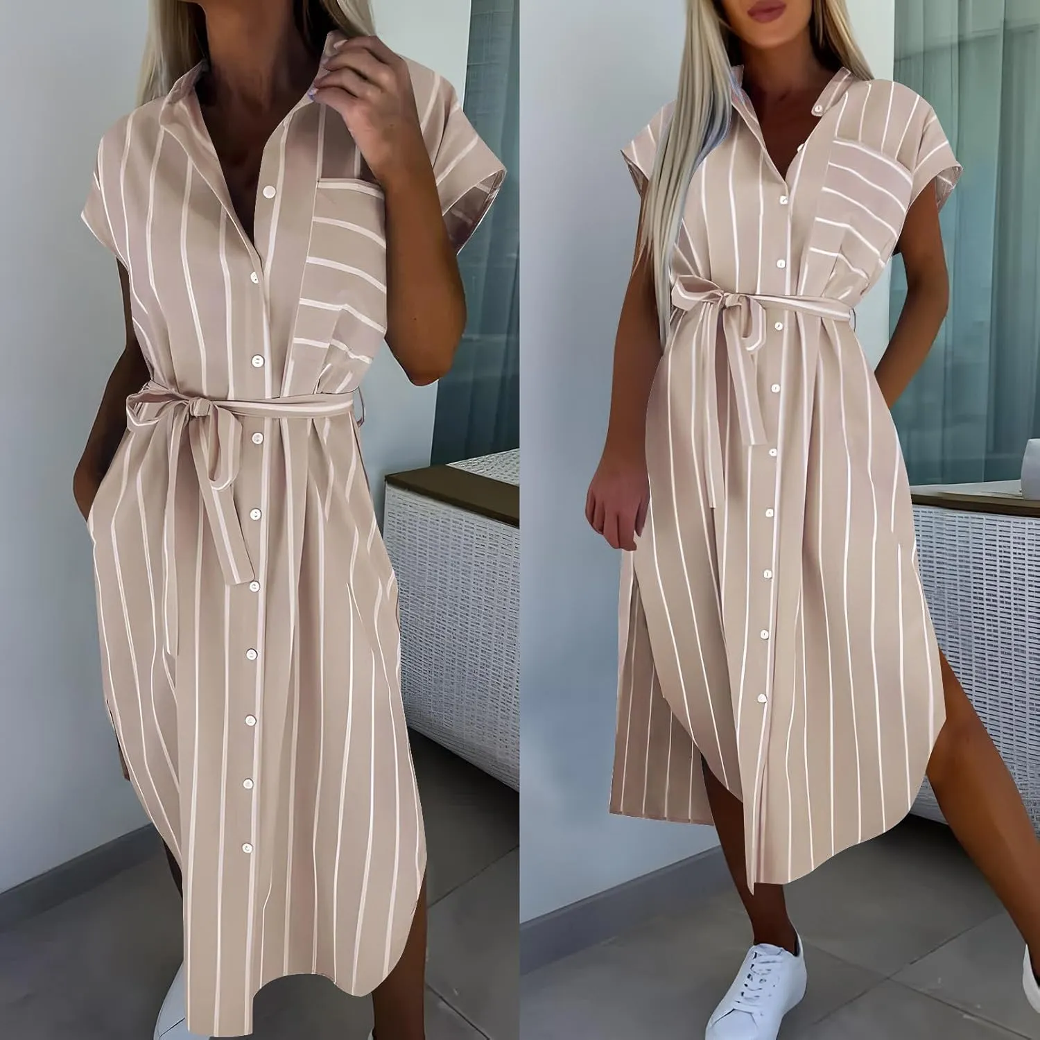 JOAU Womens Button Shirt Dresses with Pockets Casual Striped Lapel Collar Short Sleeve Side Slit Belted Midi Dress Cover Up